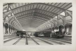 Bristol station, 1846. A strutted roof and several trains are visible